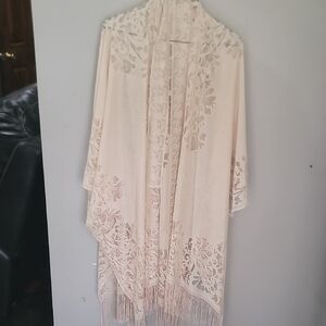 Cream Floral Lace Kimono with Fringe